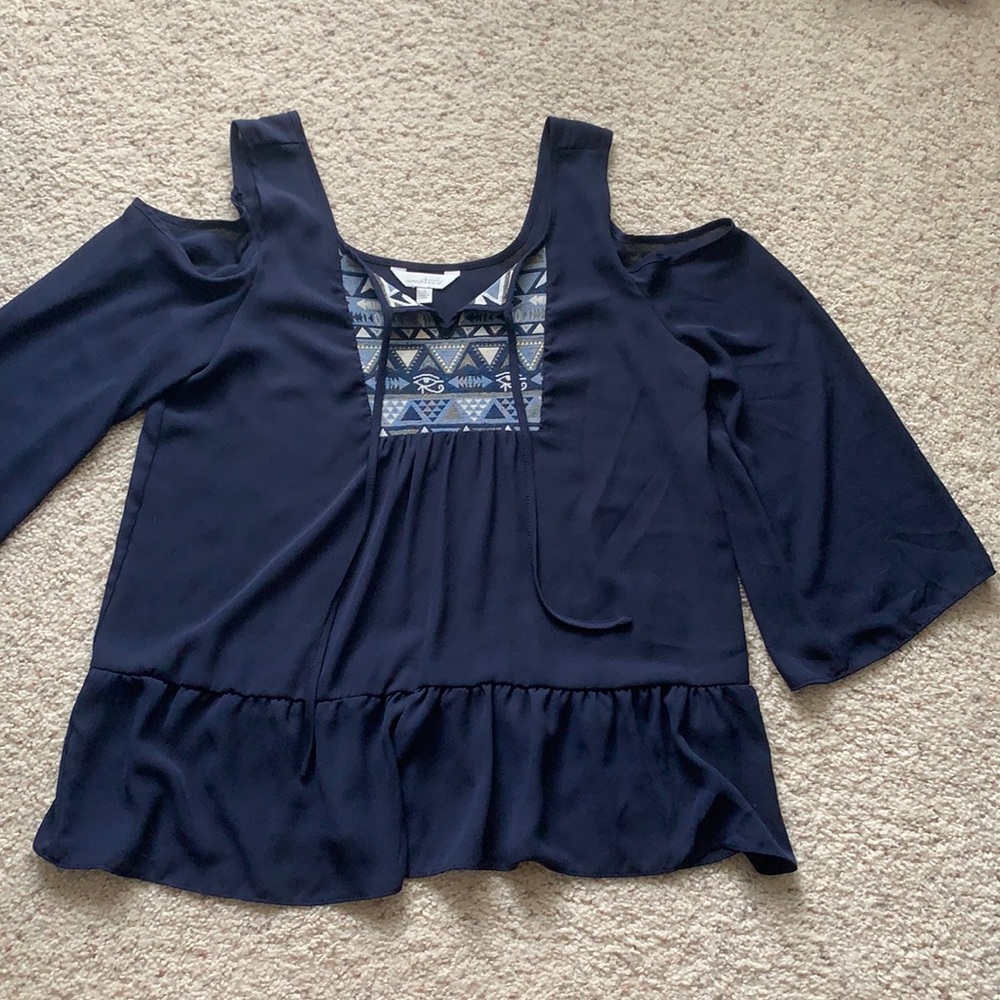 Navy Blue Cold Shoulder Flowy Embroidered Top